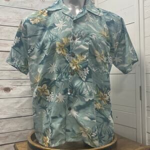 Roundy Bay Hawaiian Camp Shirt Palm Trees Hibiscus Flowers Button Up Large L